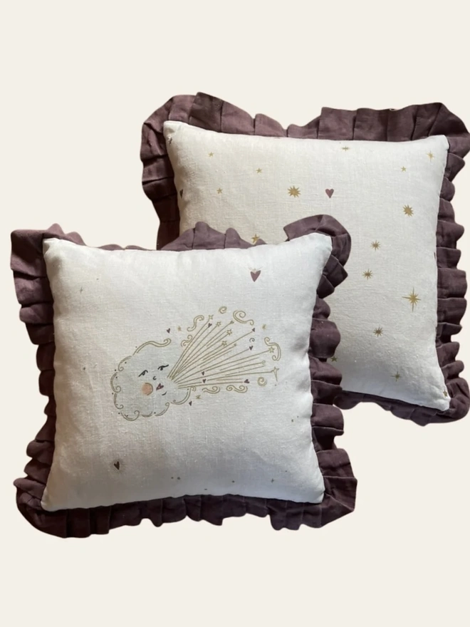 'Love Cloud' Linen Ruffled Cushion Cover, a cushion cover with a cloud motif on it sitting on a plain backdrop. 