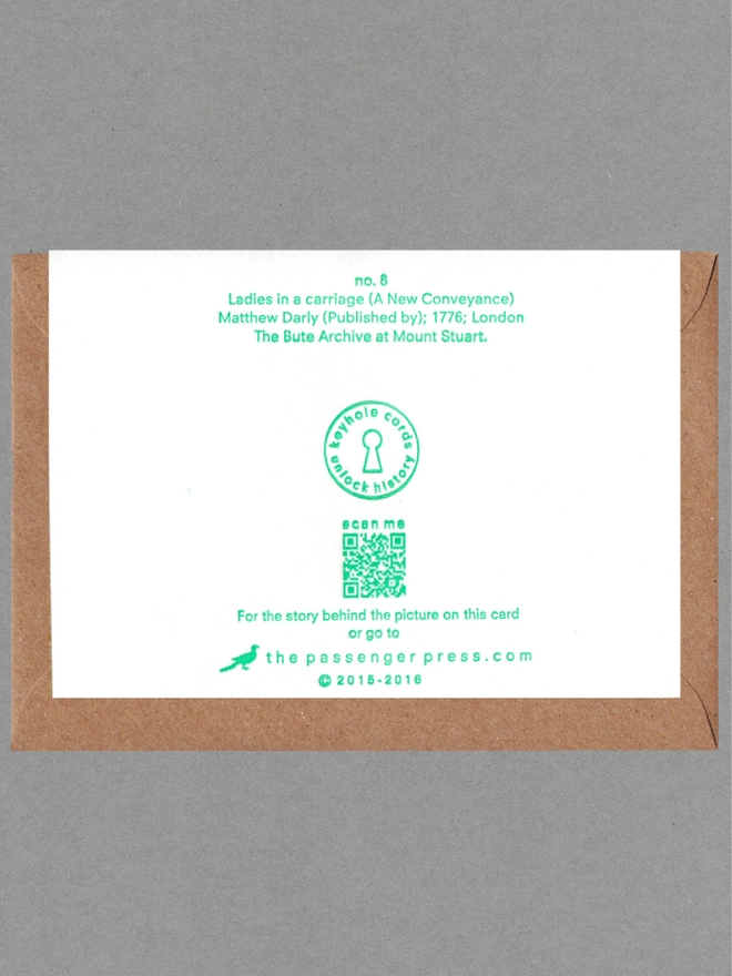 Back face of a white card on a brown envelope. Printed green text, logo and QR code.