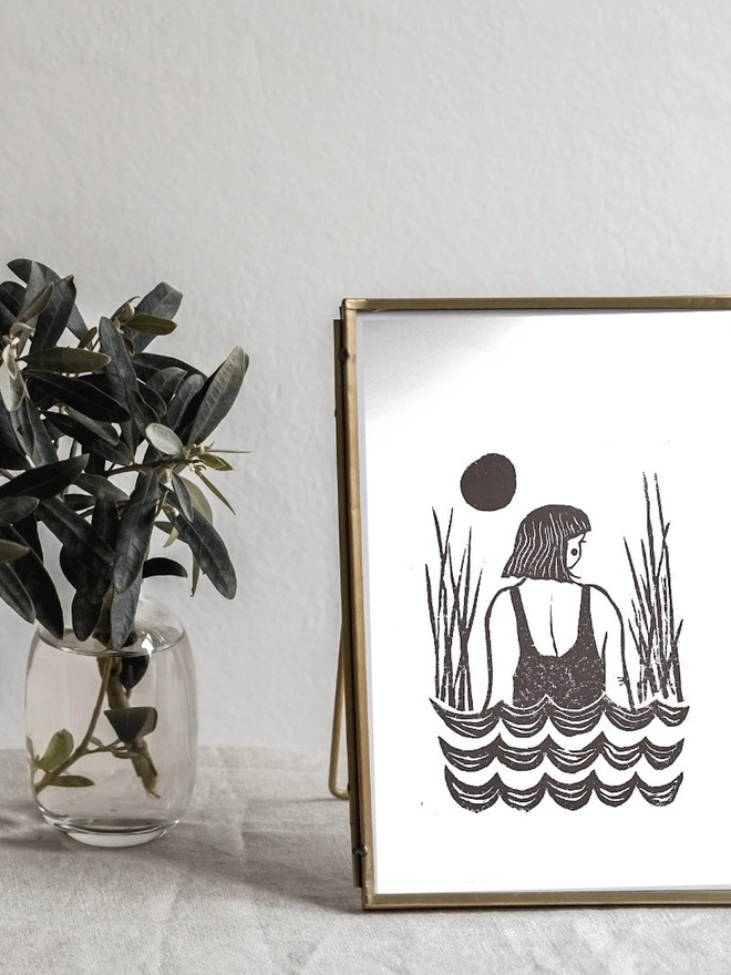 Wild Swimming Original Linocut Print