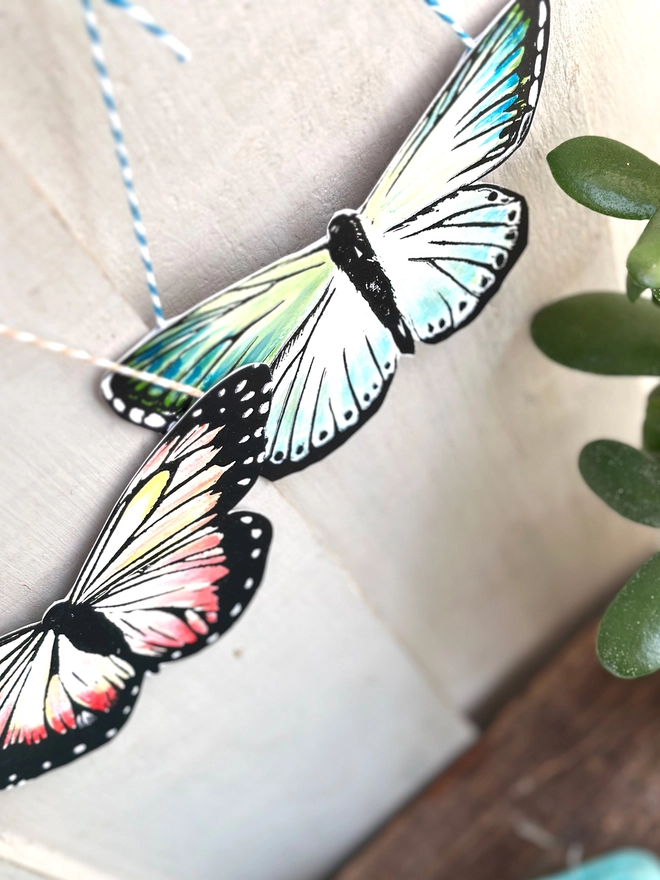 3 Hand Painted Butterflies. Set Of Linocut Wall Hangings. Teal and peach and yellow butterfly shown 