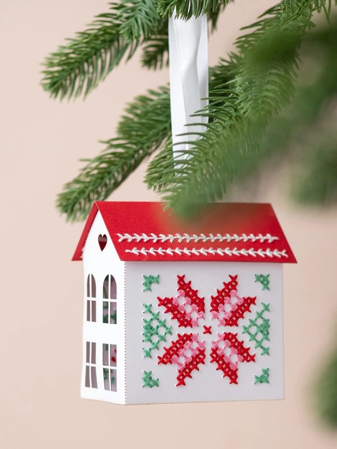 embroidery paper houses Christmas tree decoration DIY kit by My Papercut Forest