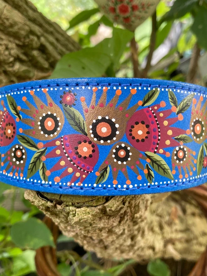 blue floral hand painted leather dog collar