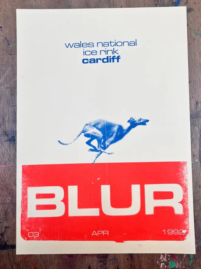Blur Handmade Risograph A3 Gig Poster, hanging on a wall. 
