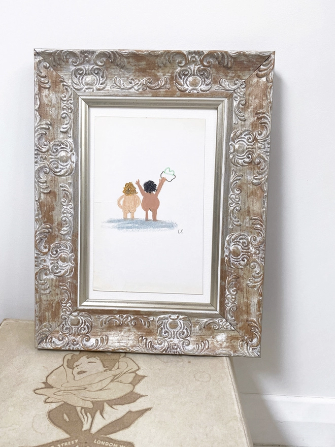 illustration of a nude couple facing out to see waving joyfully in chunky vintage style frame 