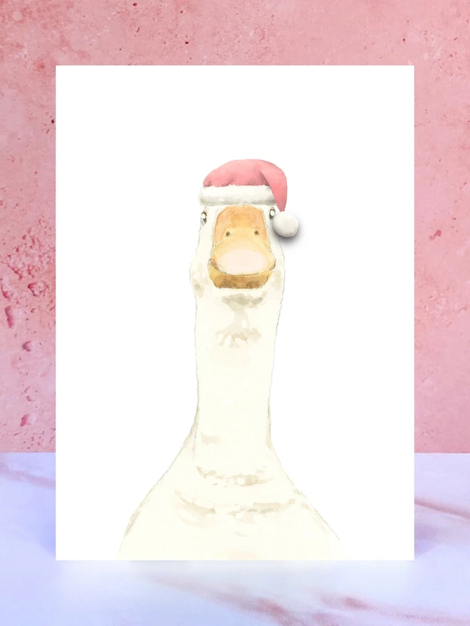 white goose santa hat pompom christmas card