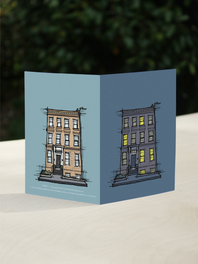 night and daytime vintage townhouse illustrated card