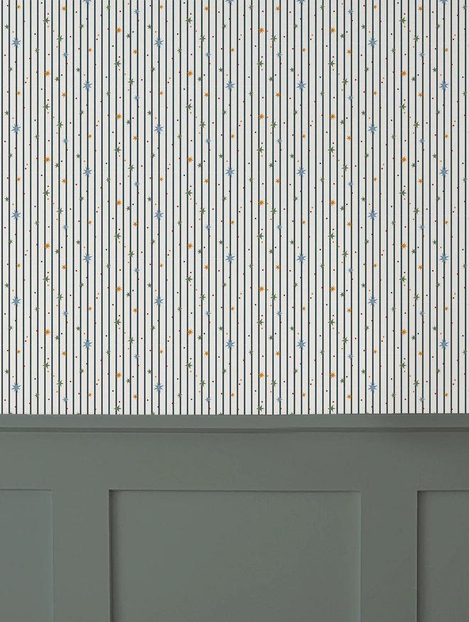 Ducks In A Row Stars and Stripes Kids Wallpaper above dark grey wall panelling in Nursery