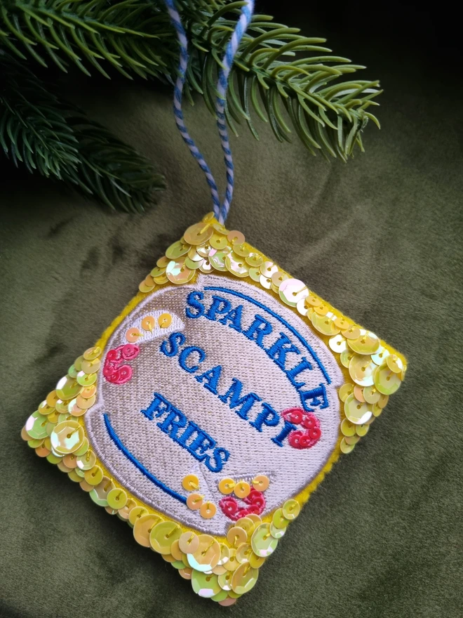 Sequinned embroidered scampi fries hanging decoration