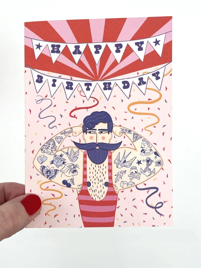 Tattooed Strongman Birthday Card
