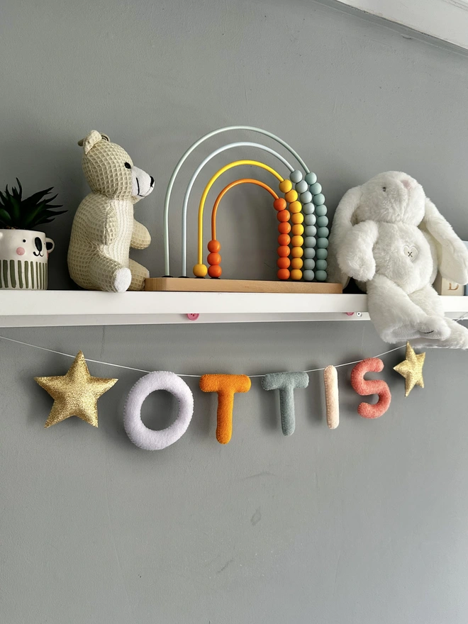 Personalised Name Cloud Star or Heart Garland, a colourful name garland hanging in a child’s bedroom, baby gift, nursery decoration, felt decor