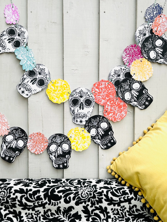 Skull 'Day Of The Dead' Hand Printed Linocut Garland