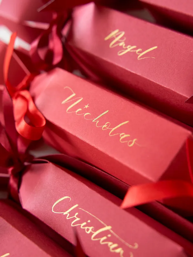 Personalised red calligraphy Christmas crackers