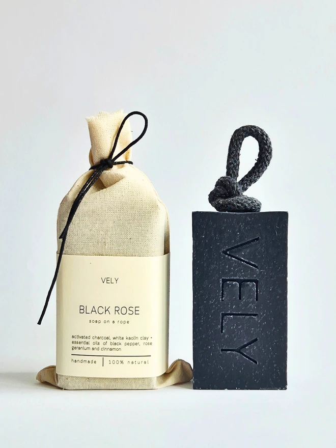 soap on a rope "Black Rose" with activated charcoal