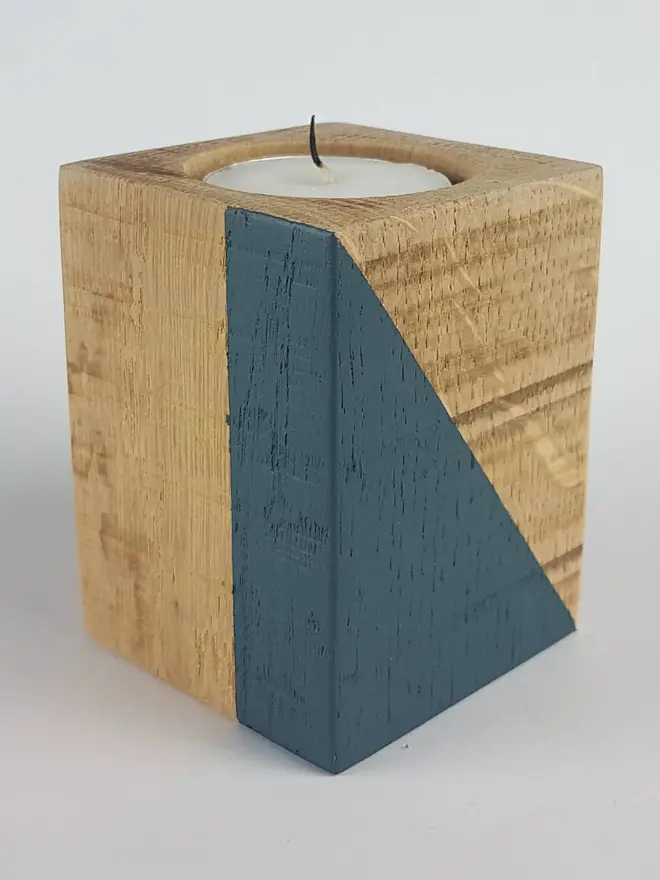 Tall blue wooden tealight holder