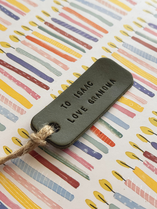 olive green leather birthday label