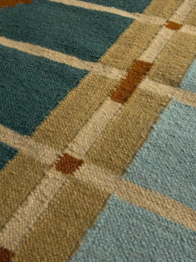 Corbie Flatweave Rug, a colourful rug sitting on a household floor. 