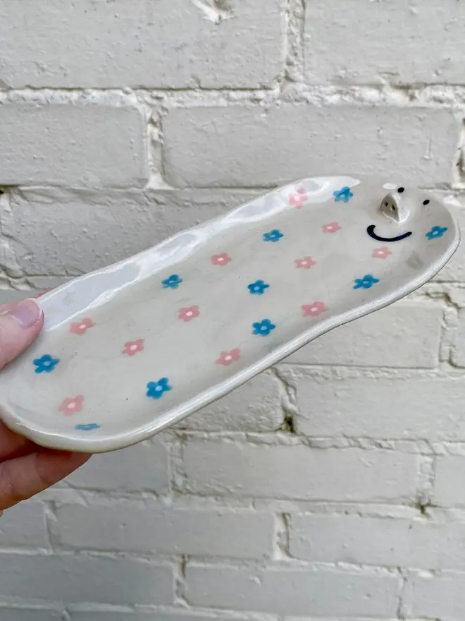 blue pink floral handmade ceramic tray