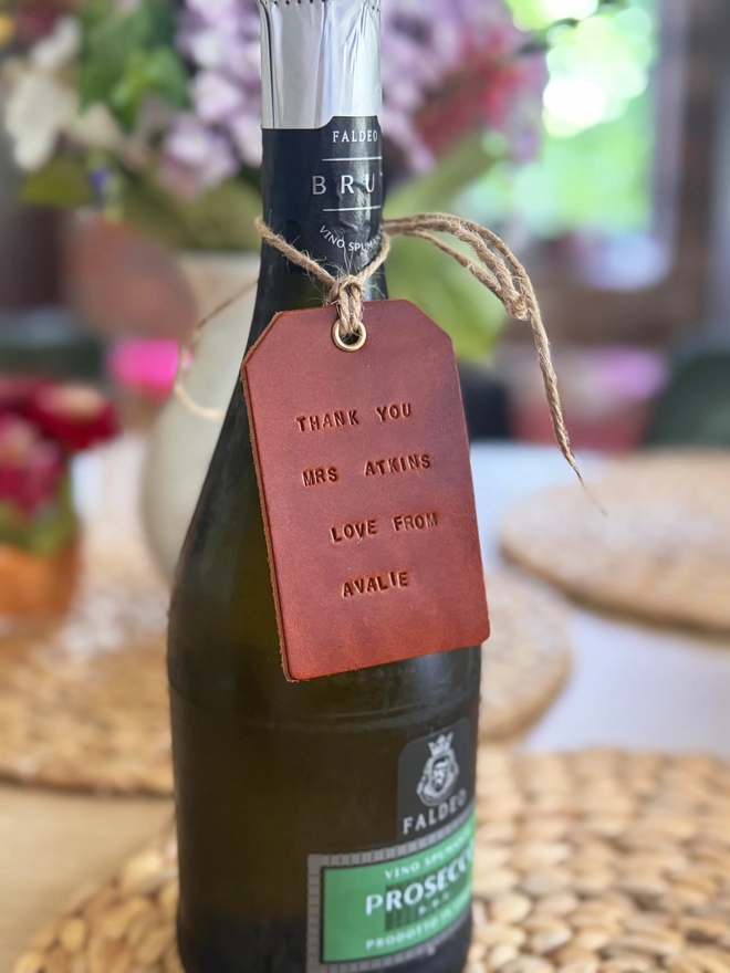 Handstamped leather teacher gift tag