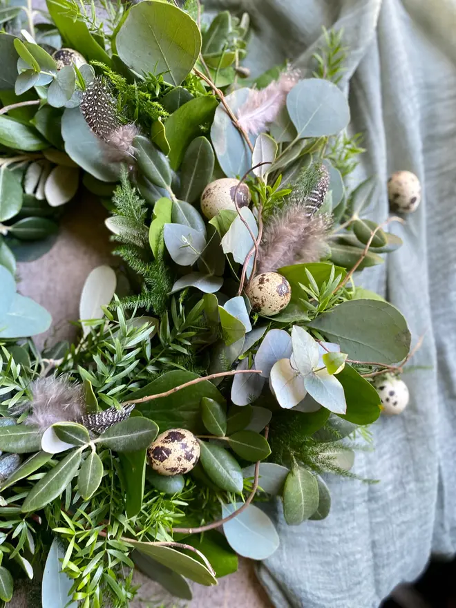 Spring Foliage Wreath with Quail Eggs & Feathers