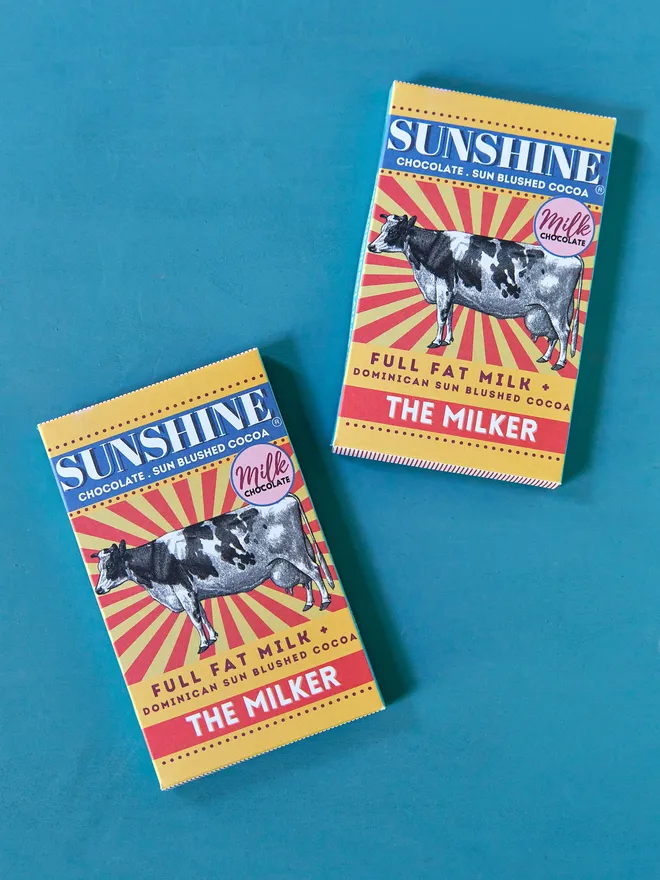 the milker milk chocolate bar. packaging for a chocolate bar featuring an illustrated cow and vibrant red and yellow colours.