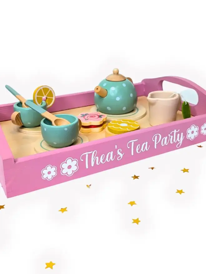 personalised wooden tea set. a personalised wooden tray and toy tea set