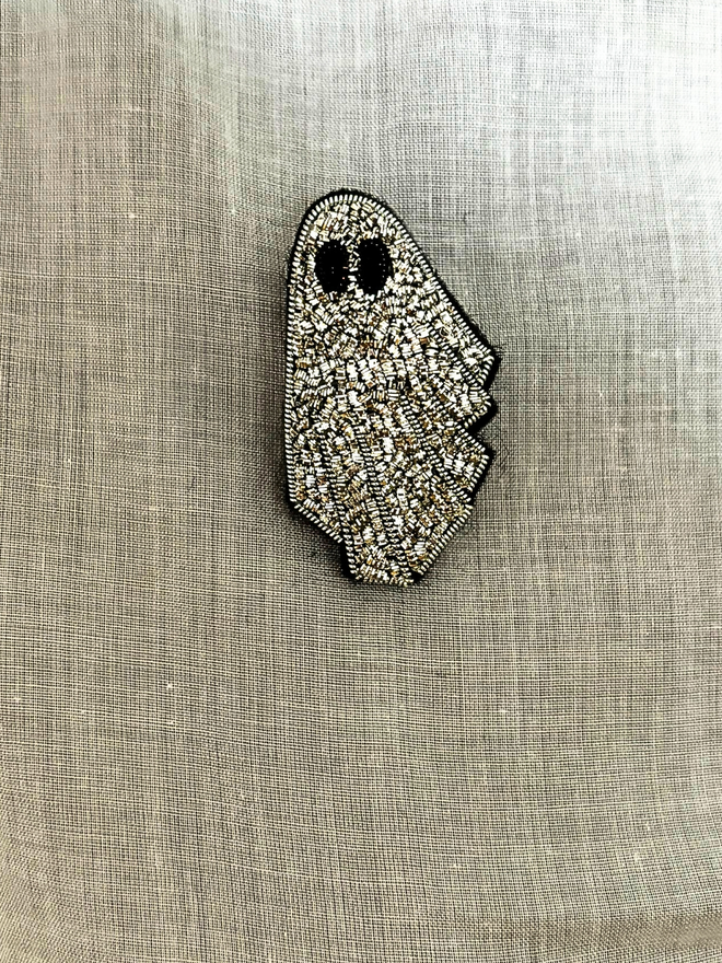 hand embroidered silver ghost brooch