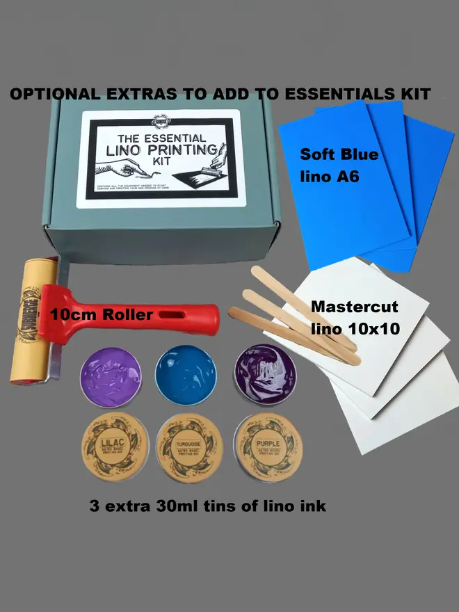 Option extras for lino printing kit - roller, extra ink, mastercut lino, soft blue lino
