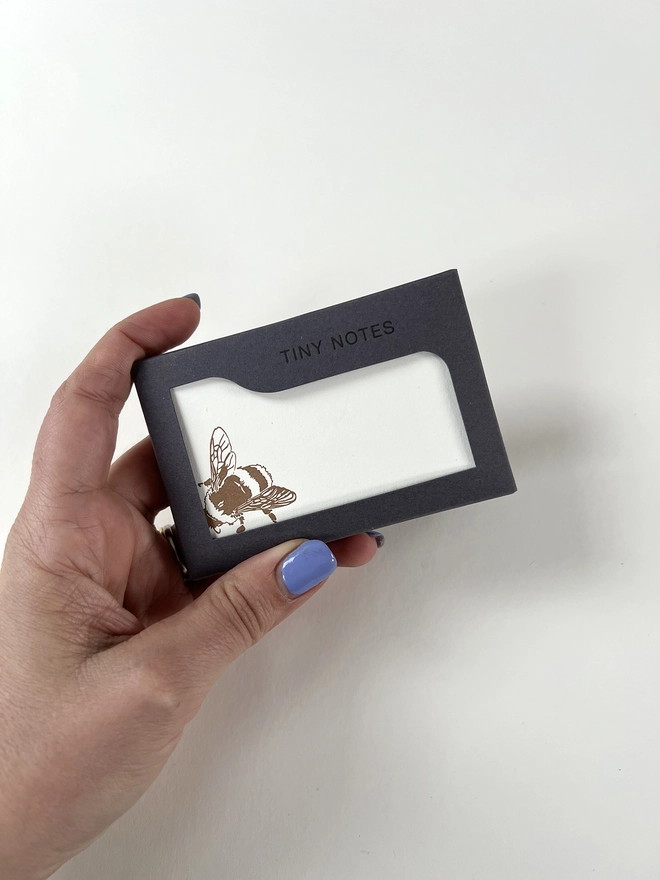 letterpress boxed tiny note cards illustrated with a gold bumble bee