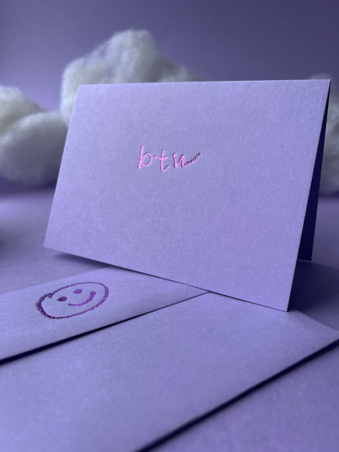 lavender coloured card with btw hand foiled in kids hand writing