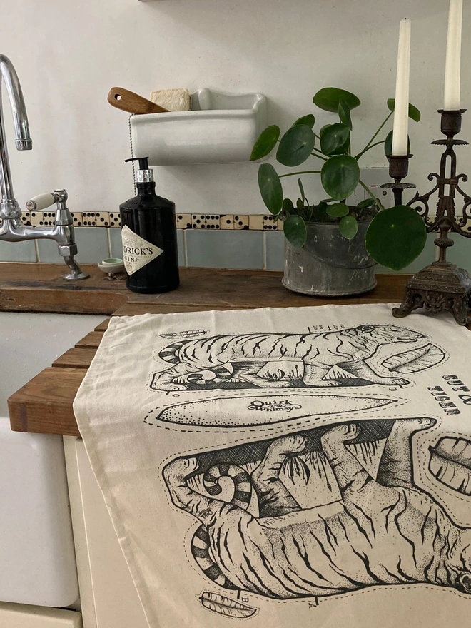 tiger tea towel in kitchen