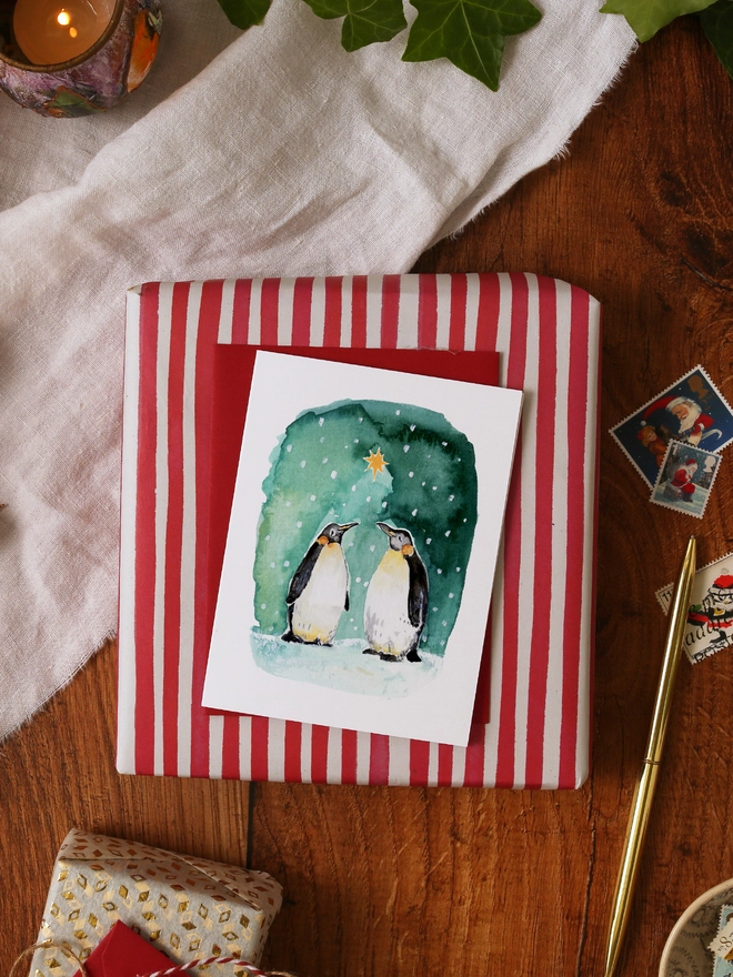Two Emperor Penguins Mini Christmas Card