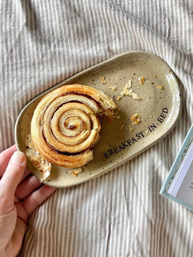 hand holding a ceramic plate with a cinnamon swirl