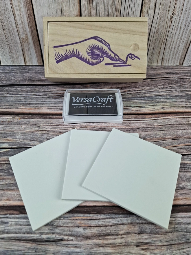 Lino carving and printing on fabric kit using versacraft ink stamp pads