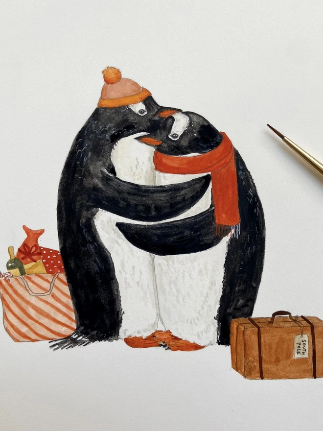 penguin hug christmas card