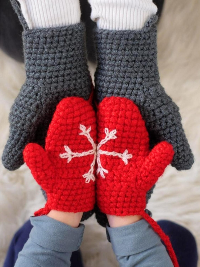 Snowflake Mittens For Children in red