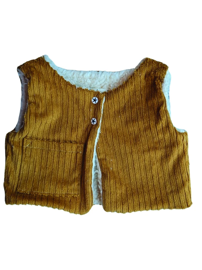 Mustard organic corduroy gilet lined with organic cotton plush