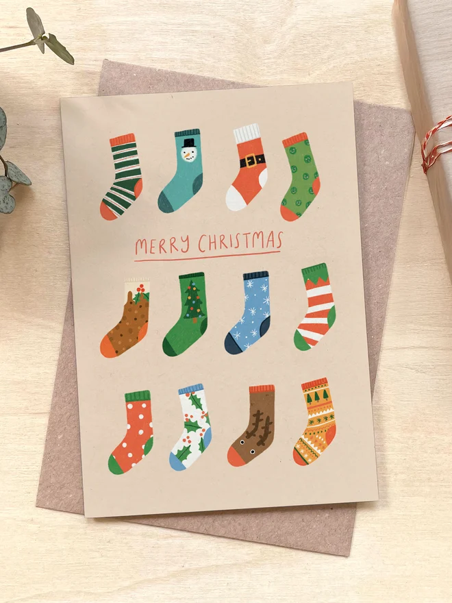 'Christmas Socks' Recycled Coffee Cup Christmas Card