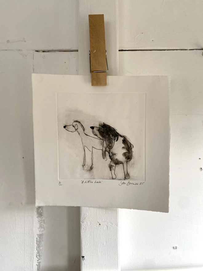 'A Little Look '. Handmade Dog Drypoint Print by Samantha Barnes