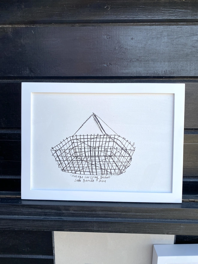 'Vintage Shopping Basket' A4 on Hardboard Framed  by Samantha Barnes
