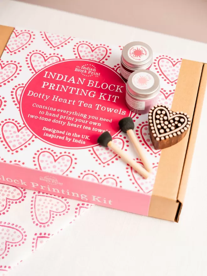 Raspberry Heart Tea Towels Indian Block Printing Kit