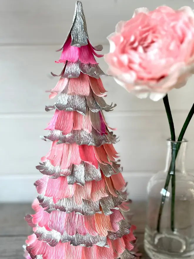 Coral Pink & Silver Crepe Paper Christmas Tree