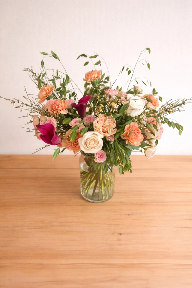 Garden inspired Mothers Day bouquet in vase. Designed and created by Peony Belles 