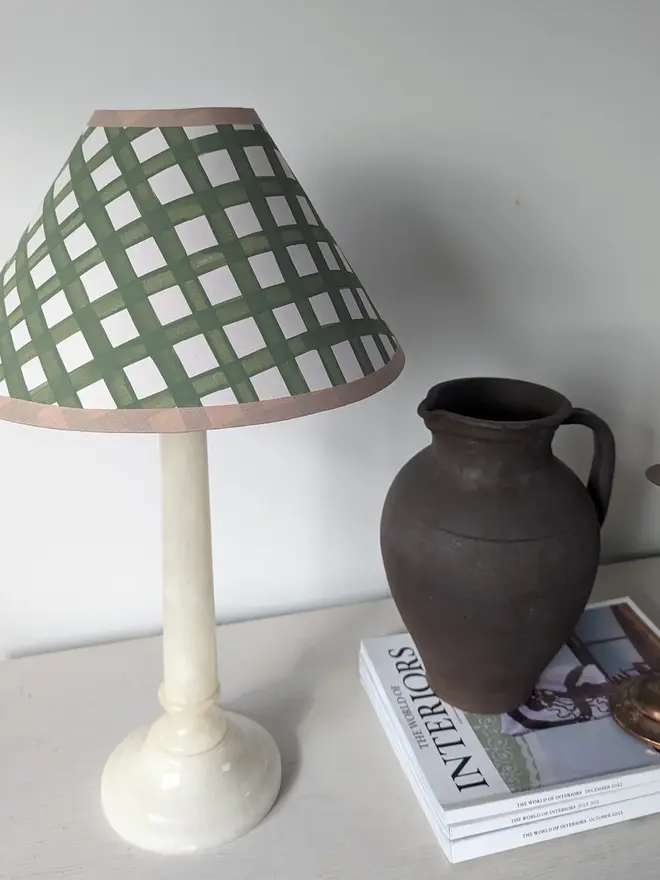 Green & Cream Gingham Hand Painted Coolie Lampshade