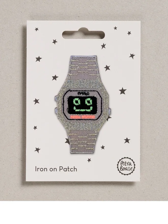 Silver embrodiered retro casio watch  with smeily face iron on patch.