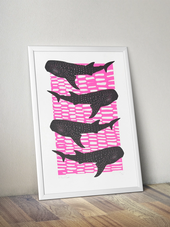 Whale Shark Shiver_A4 Screen Print_Holly and Co_Mock up in a frame