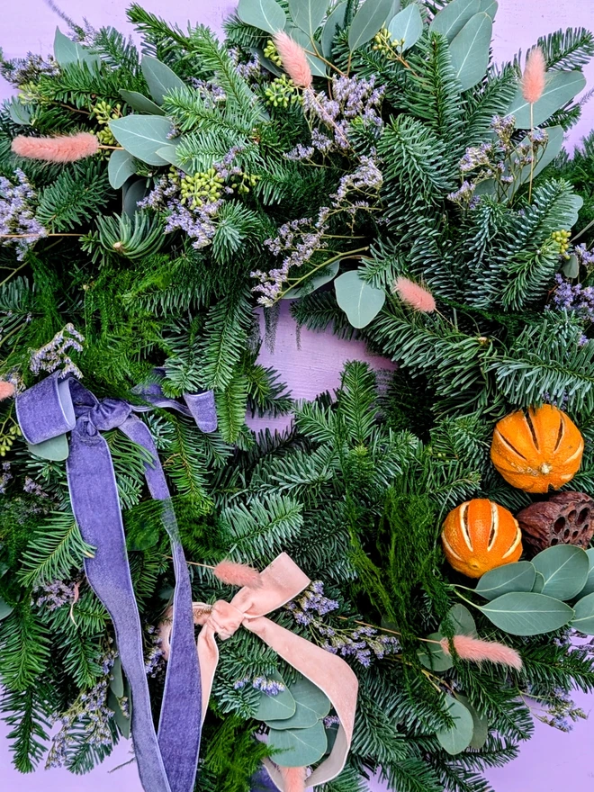 Handcrafted seasonal fresh wreath made to order, natural textures, soft greenery and delicate floral, velvet ribbon, handmade wreath, gift wreath, Christmas wreath