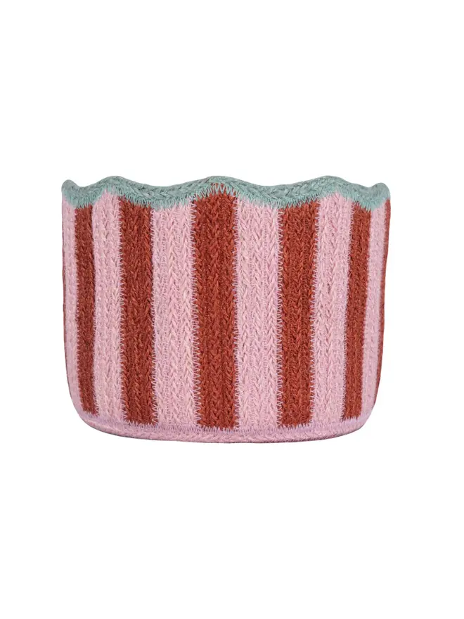 Green stripy scalloped organic jute basket on a white background.