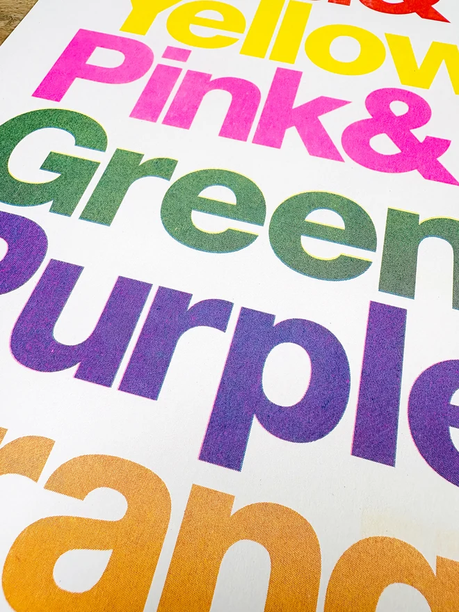 Typographic rainbow 4 colour risograph print on recycled paper