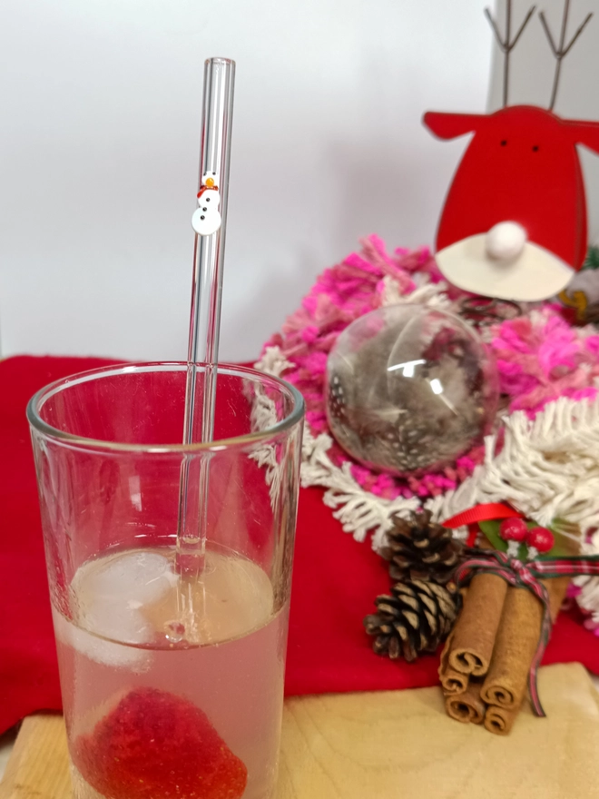 Full shot of snowman straw inside a glass