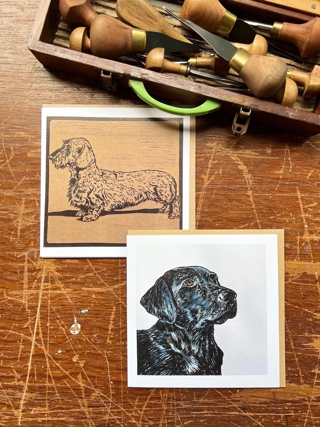 teckel and black Labrador linocut art cards